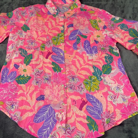 Lilly Pulitzer Womens Size L Pink Sea View Button Down Shirt Linen Beach Travel - Picture 2 of 8